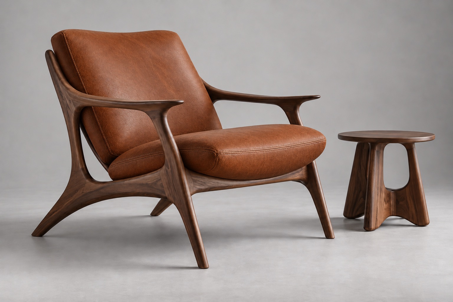 Walnut lounge chair with cognac leather upholstery